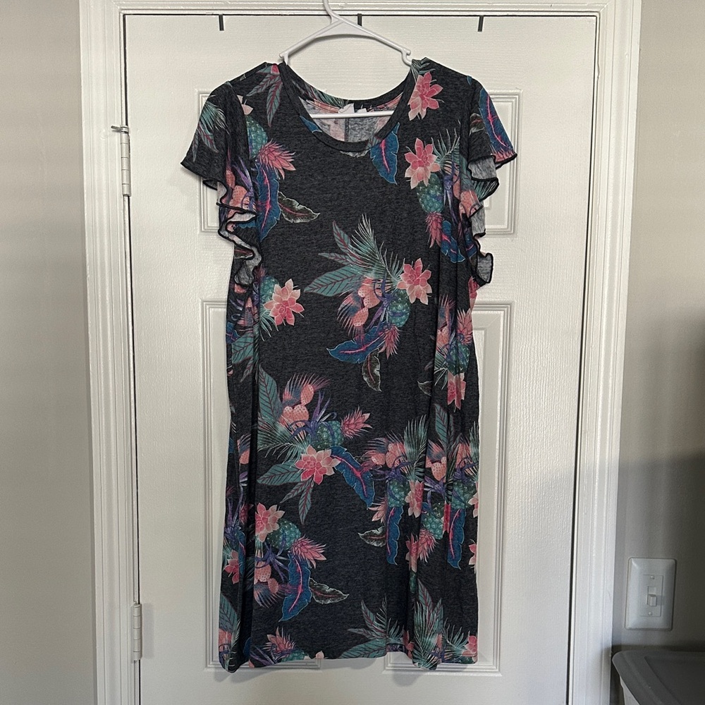 GAP Floral Mini Dress - Gray with Pink and Blue Accents